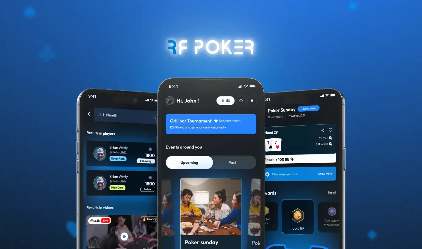 RF Poker app screens shown on three phones against a blue background