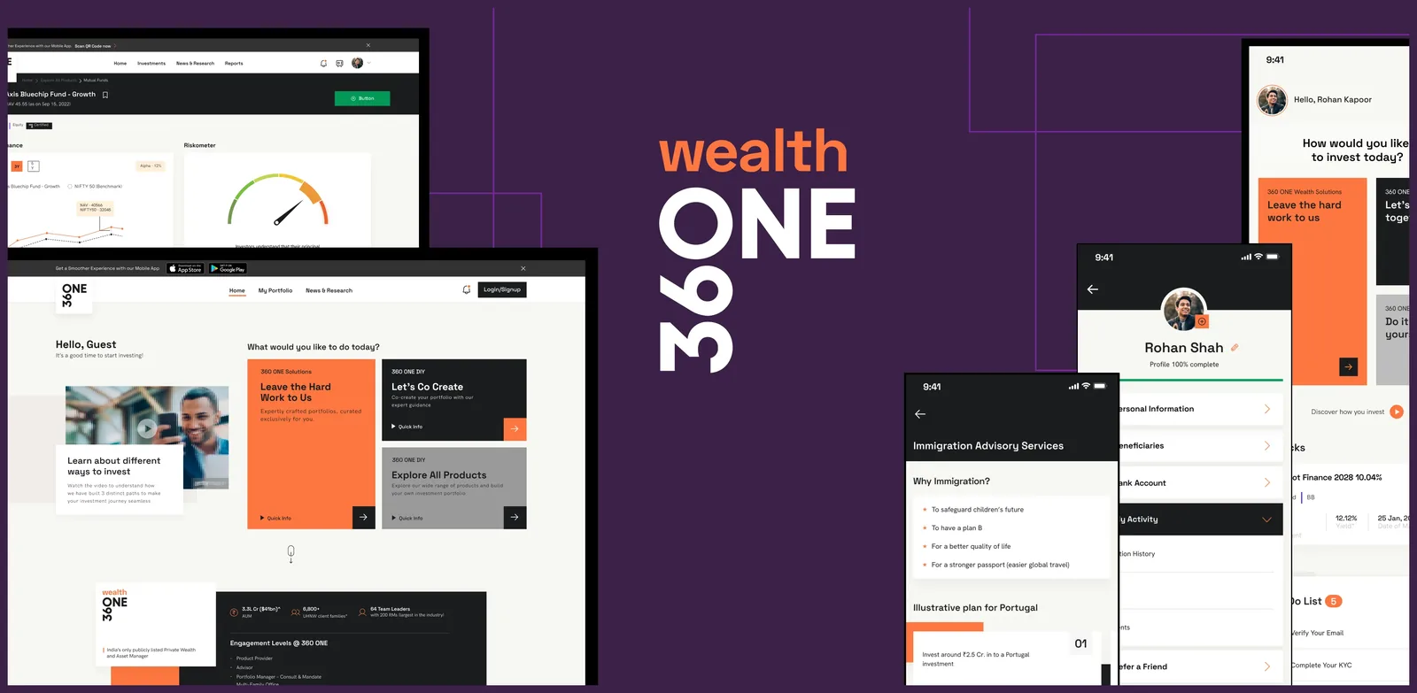 Desktop and mobile screens from the Wealth 360 One investment platform