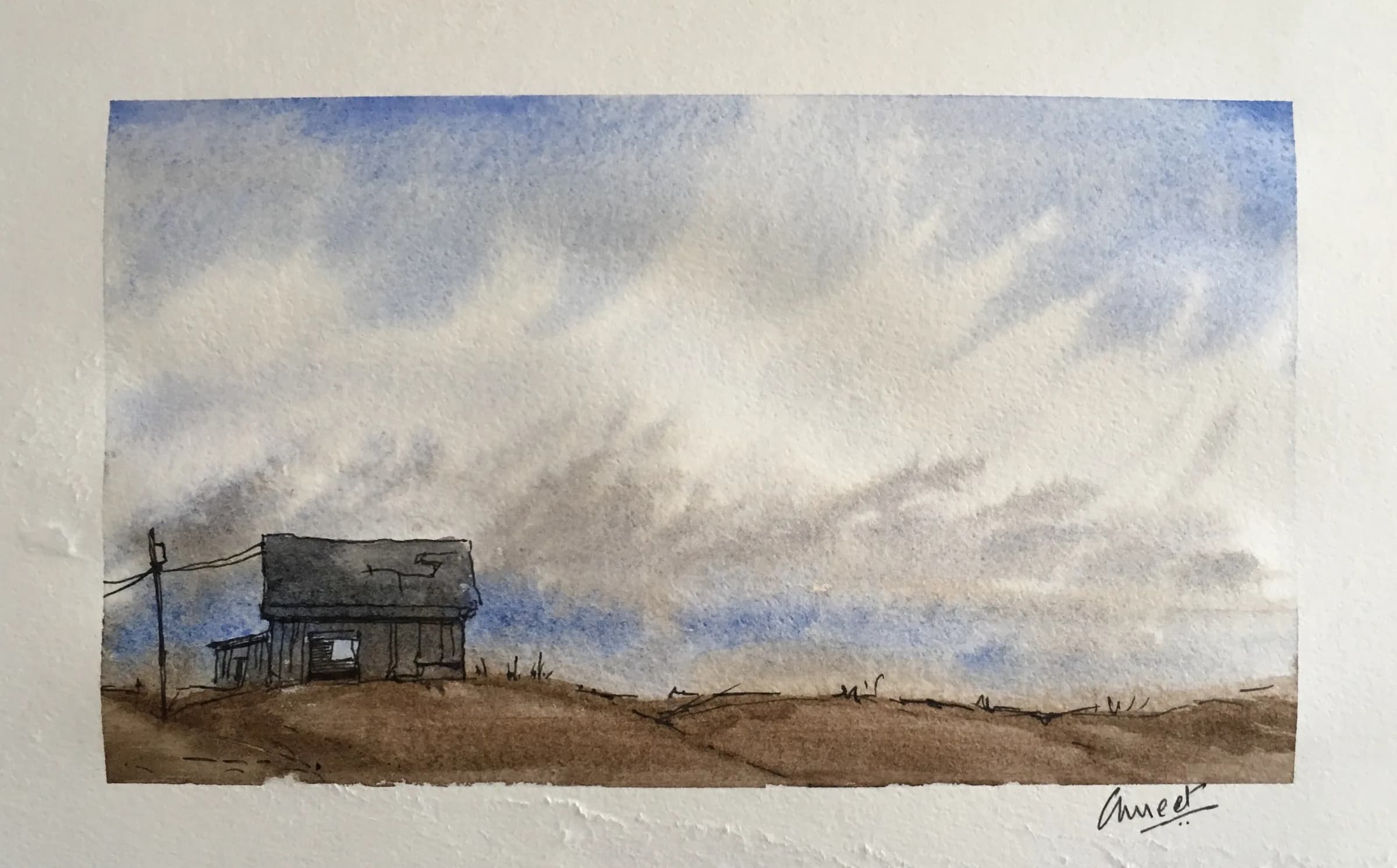 Watercolour of a lone cabin on a low hill under a sweeping, cloudy sky