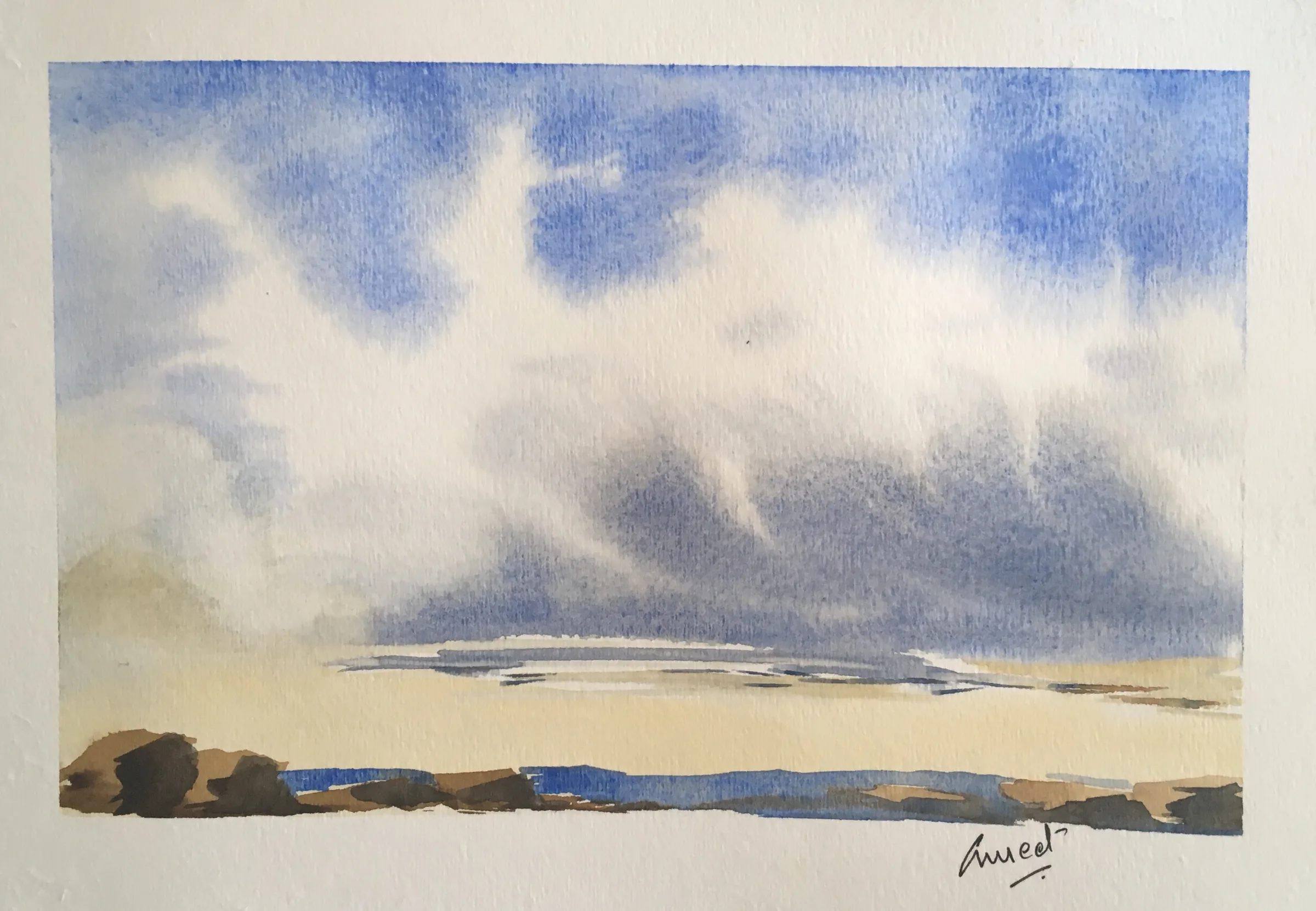 Watercolour of billowing clouds over a calm, distant shoreline