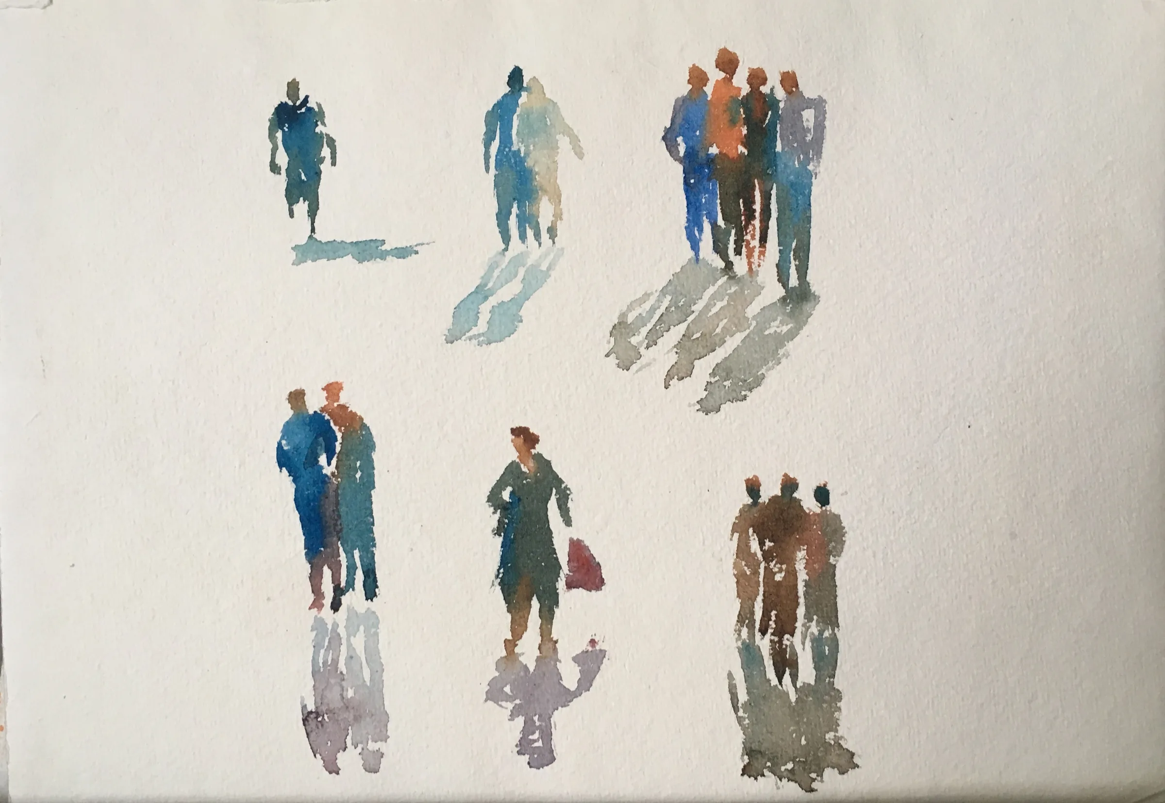 Watercolour study of small groups of people walking, their long shadows falling across the page